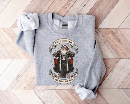 Funny Santa Riding Motorcycle So Merry Christmas And Happy New Year 2024 Sweatshirt Lovely Unique Xmas Gift