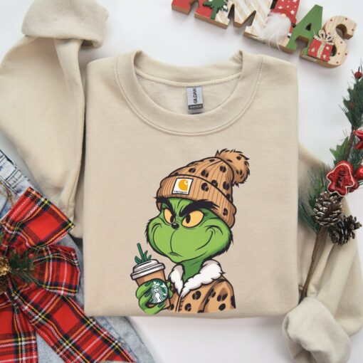 Funny The Grinchmas Christmas Leopard Beanie With Coffee Sweatshirt Lovely Unique Xmas Gift