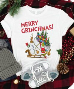 Grinch Santa & Max Reindeer Sleigh Huge Bag Gifts Merry Christmas T-shirt