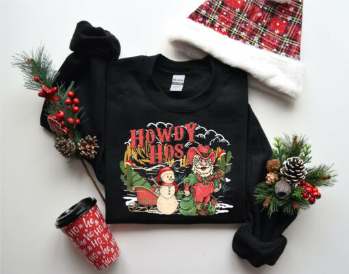 Howdy Hos Christmas Santa And Snowman Sweatshirt Unique Xmas Gift