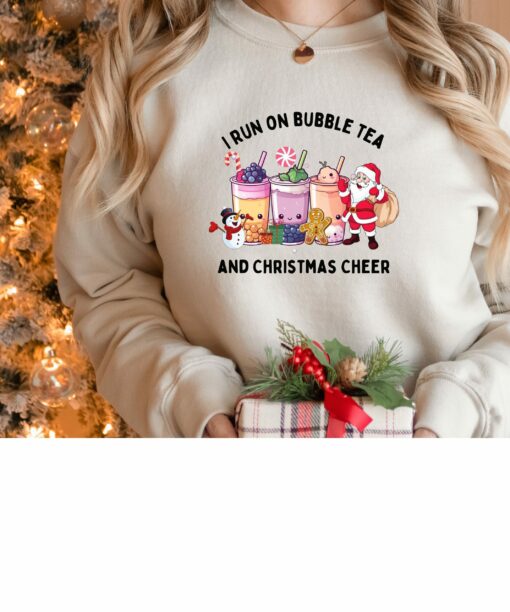 I Run On Bubble Tea And Christmas Cheer Kawaii Tea Cozy Milk Tea Cute Christmas Sweatshirt