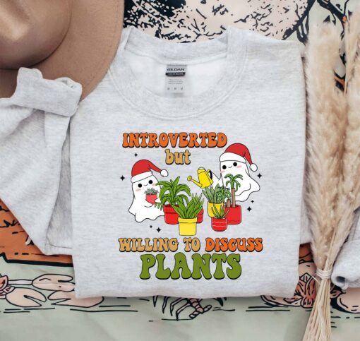 Introverted But Willing To Discuss Plants Cute Ghost With Santa Hat Sweatshirt Lovely Unique Xmas Gift