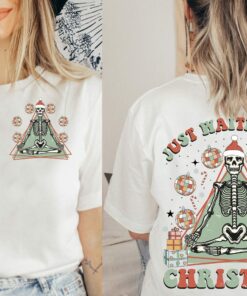 Just Waiting For Christmas Skeleton Santa Hat Cute Sweatshirt Trendy Unique Xmas Gift