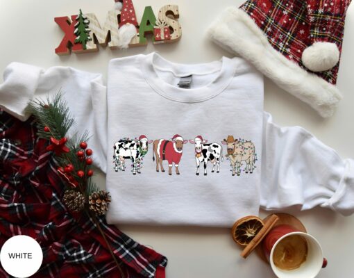 Merry Christmas Cute Cows Brigh Lights Sweatshirt Lovely Unique Xmas Gift