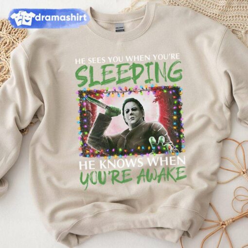 Michael Myers Sees You When You’re Sleeping Christmas Sweatshirt Halloween