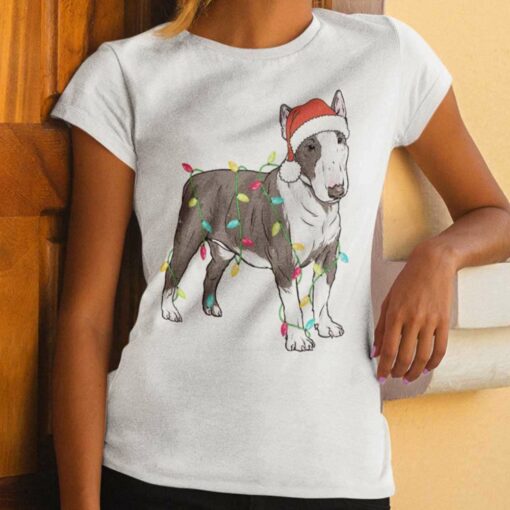 Miniature Bull Terrier (Pitbull) Christmas Light T-Shirt