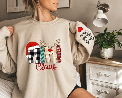 Personalized Mimi Claus Christmas Grandma Unique Gift For Mom Custom Mama Sweatshirt With Children Name On Sleeve