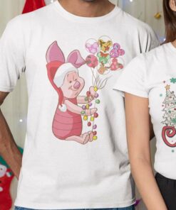 Piglet Wear Santa Hat Mickey Balloon Light Christmas T-shirt Winnie The Pooh