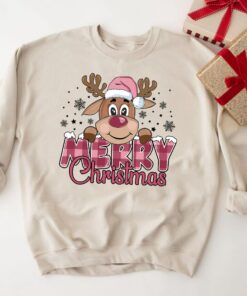 Pink Cute Merry Christmas Reindeer Sweatshirt