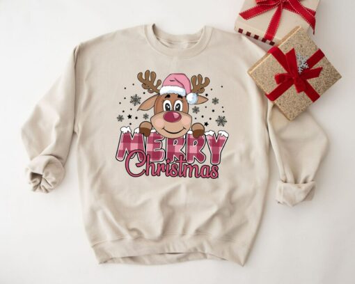 Pink Cute Merry Christmas Reindeer Sweatshirt