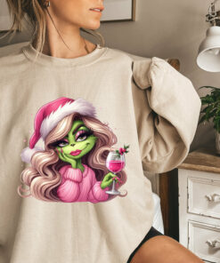 Pink Grinchy Christmas Spirit Wine Lovers Sweatshirt