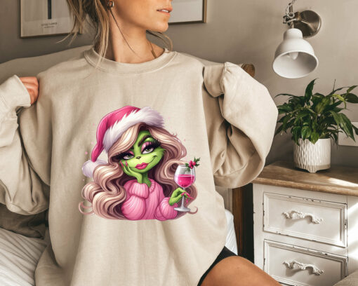 Pink Grinchy Christmas Spirit Wine Lovers Sweatshirt