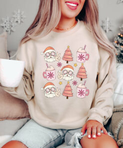 Pink Retro Lovely Santa Christmas Trees Sweatshirt Unique Xmas Gift