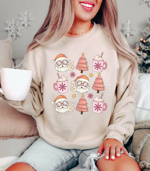 Pink Retro Lovely Santa Christmas Trees Sweatshirt Unique Xmas Gift