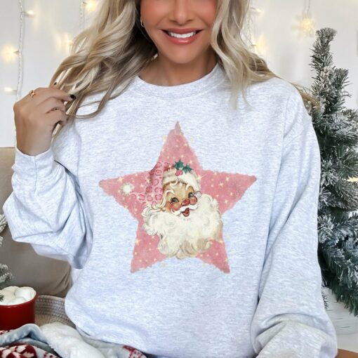 Pink Star Retro Santa Claus Christmas Vintage Sweatshirt Lovely Unique Xmas Gift