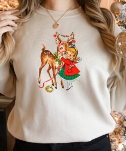 Retro 90s Reindeer And Little Girl Christmas Sweatshirt Trendy Unique Xmas Gift