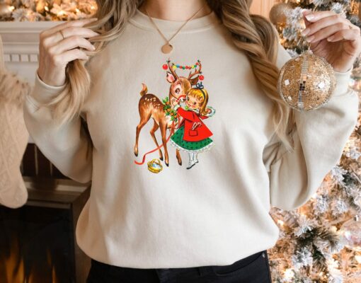 Retro 90s Reindeer And Little Girl Christmas Sweatshirt Trendy Unique Xmas Gift