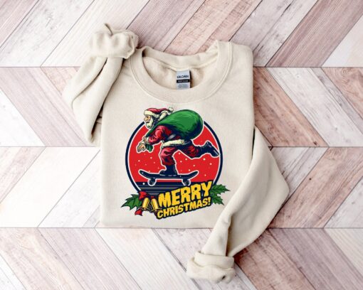 Retro Dashing Through Snow Santa Skateboard Christmas Sporty Sweatshirt Funny Unique Xmas Gift