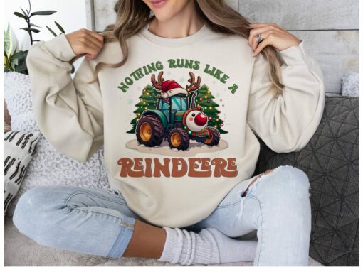 Retro Nothing Runs Like A Reindeer Light Santa Red Nose Christmas Sweatshirt Trendy Unique Xmas Gift