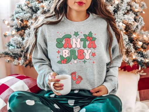 Santa Baby Christmas Pregnancy Announcement Sweatshirt Unique Xmas Gift