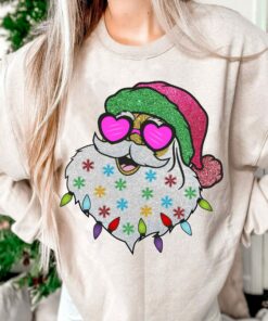 Santa With Cute Pink Sunglasses Colorful Lights Sweatshirt Lovely Unique Xmas Gift