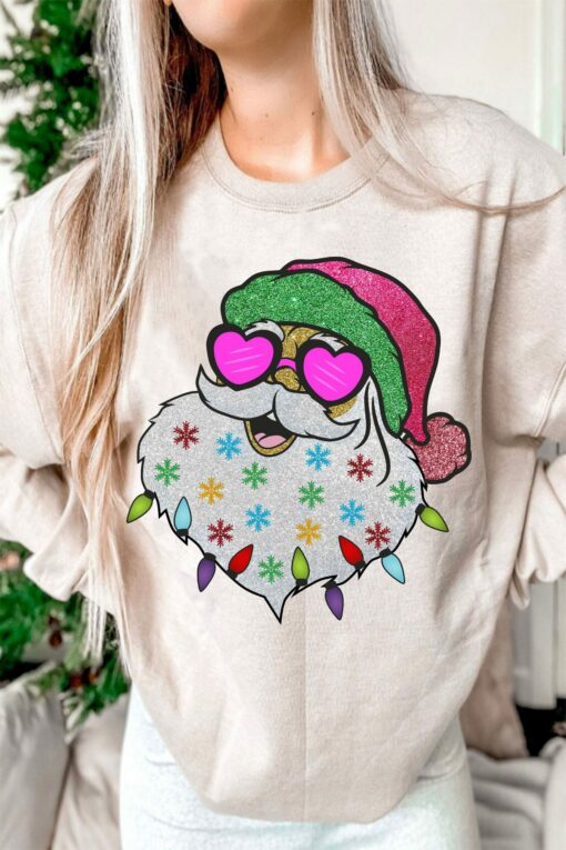 Santa With Cute Pink Sunglasses Colorful Lights Sweatshirt Lovely Unique Xmas Gift