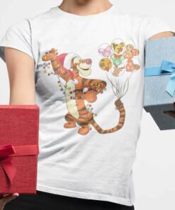 Tigger Wear Santa Hat Mickey Balloon Light Christmas T-shirt Winnie The Pooh