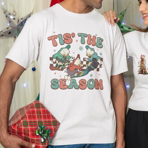 Tis The Season Checkerboard Huey Dewey And Louie Skiing Christmas White Tee Disney