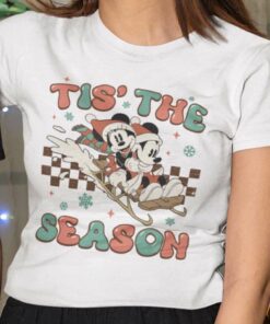 Tis The Season Checkerboard Mickey And Minnie Skiing Sleigh Ride Christmas White Tee Disney