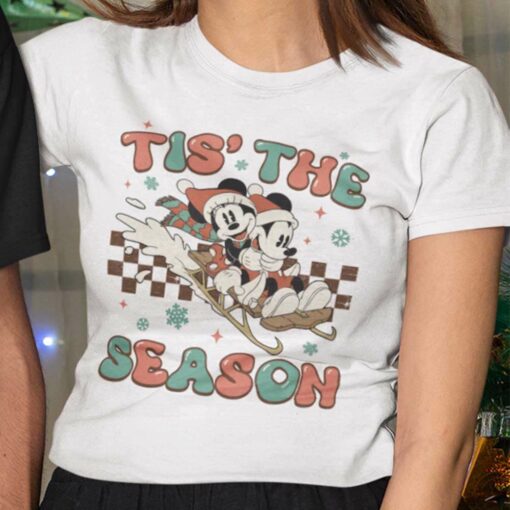 Tis The Season Checkerboard Mickey And Minnie Skiing Sleigh Ride Christmas White Tee Disney