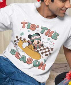 Tis The Season Checkerboard Mickey Skiing Christmas White Tee Disney