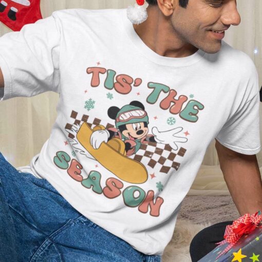 Tis The Season Checkerboard Mickey Skiing Christmas White Tee Disney