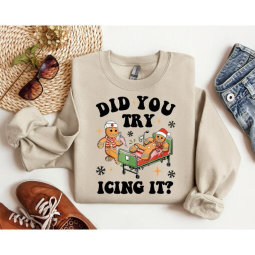 Try Icing It Funny Christmas PT Physical Therapist Athletic Trainer Xmas Crewneck Gingerbread Humor Sweatshirt