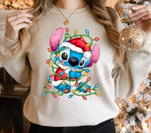 Vintage Disneyland Lilo And Stitch Christmas Lights Sweatshirt Lovely Unique Xmas Gift