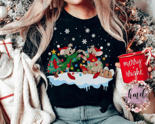Cute Cinderella Santa Jaq and Gus Christmas Lights Shirt, Mickey’s Very Merry Xmas Party Shirt, Disney Disneyland Holiday Vacation Gift