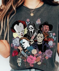 Floral Horror Characters Halloween Shirt, Halloween Floral Hippie Shirt,Horror Killer Movies Shirt,Friday The 13th Shirt