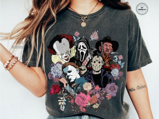 Floral Horror Characters Halloween Shirt, Halloween Floral Hippie Shirt,Horror Killer Movies Shirt,Friday The 13th Shirt
