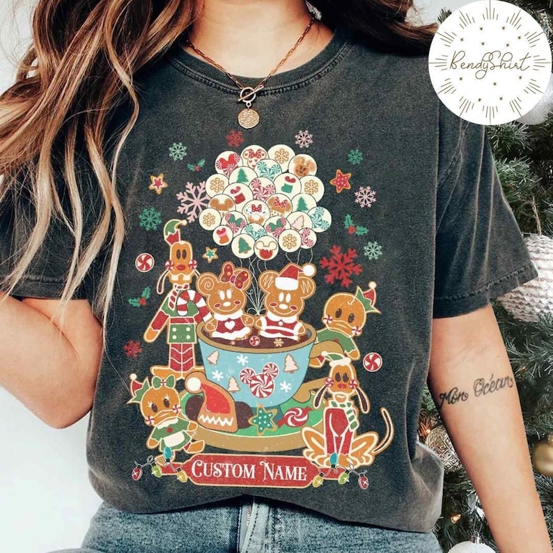 Personalized Mickey and Friends Gingerbread Disney Christmas Shirt, Vintage Retro Disney Gingerbread Balloons Teacup, Family Christmas Trip Personalized Mickey and Friends Gingerbread Disney Christmas Shirt, Vintage Retro Disney Gingerbread Balloons Teacup, Family Christmas Trip