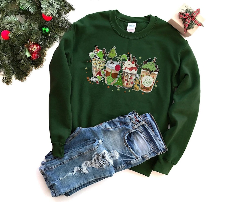 Retro Grinch Coffee Drink Shirt, Ugly Christmas Crewneck Retro Grinch Coffee Drink Shirt, Ugly Christmas Crewneck