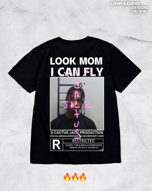 Travis Scott Oversize Hip Hop T-Shirt  Look Mom I Can Fly Print Tee  3D Graphic Tee