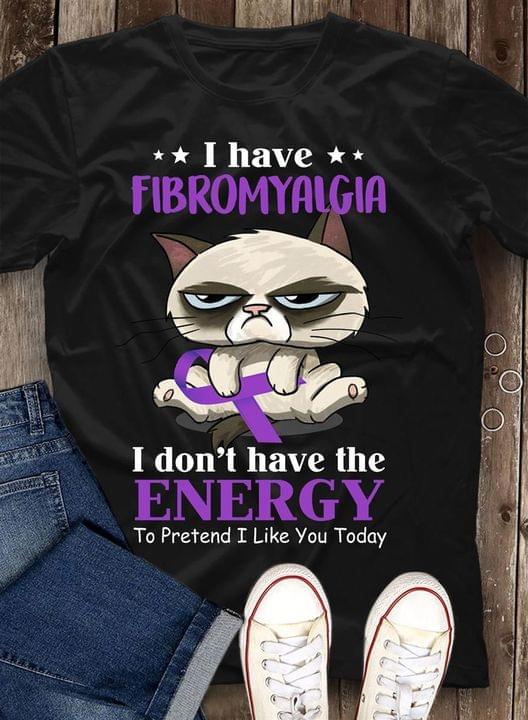 I Have Fibromyalgia I Don't Have The Energy To Pretend I Like You Today Cartoon Cat Holding Purple Ribbon Shirt I Have Fibromyalgia I Don't Have The Energy To Pretend I Like You Today Cartoon Cat Holding Purple Ribbon Shirt