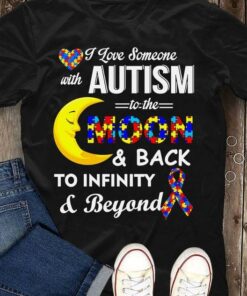 I Love Someone With Autism To The Moon And Back To Infinity And Beyond Yellow Crescent Moon Autism Ribbon Shirt