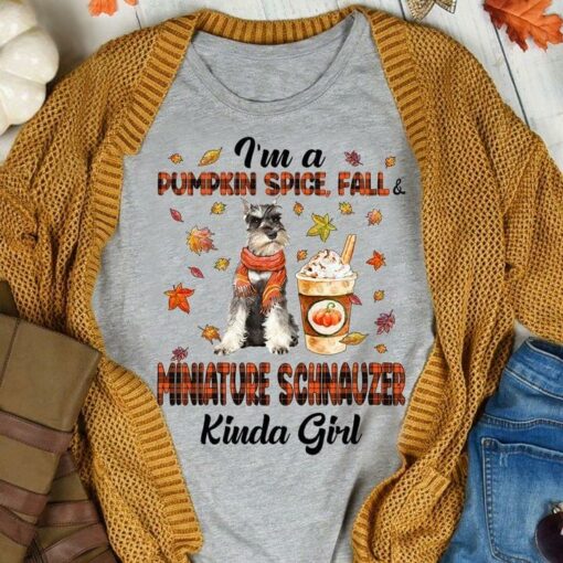 I’m A Pumpkin Spice Fall Miniature Schnauzer Kinda Girl Dog Wearing Scarf Drink Maple Leaves Shirt
