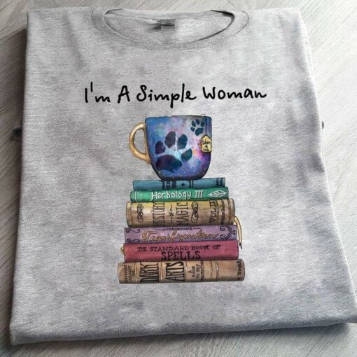 I’m A Simple Woman Galaxy Cup Of Tea On Books Dog Footprint Shirt