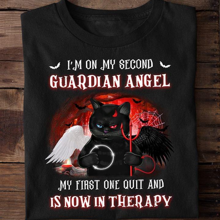 I'm On My Second Guardian Angel My First One Quit And Is Now In Therapy Black Cat Angel Evil Shirt I'm On My Second Guardian Angel My First One Quit And Is Now In Therapy Black Cat Angel Evil Shirt