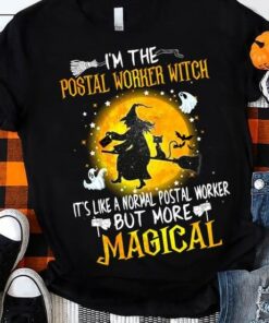 I’m The Postal Worker Witch It’s Like A Normal Postal Worker But More Magical Moon Witch Broom Halloween Shirt