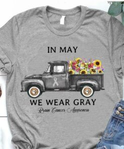 In May We Wear Gray Brain Cancer Awareness Gray Car Ribbon Flowers Shirt