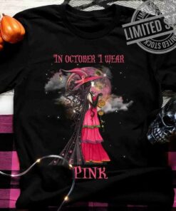 In October I Wear Pink Beautiful Pink Lady Witch Graphic Pink Moon Halloween Shirt
