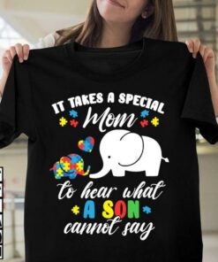 It Takes A Special Mom To Hear What A Son Cannot Say Cartoon Mama Elephant And Her Autism Son Autism Heart Puzzles Shirt