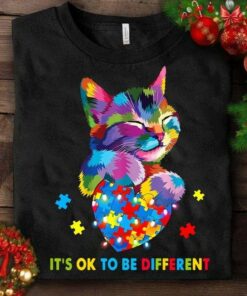 It’s Ok To Be Different Autism Colorful Cat Puzzle Heart Shirt